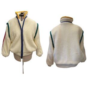 Vintage Rochelle Cable Knit Sherpa Lined Full Zip Sweater Jacket Cream Size XL